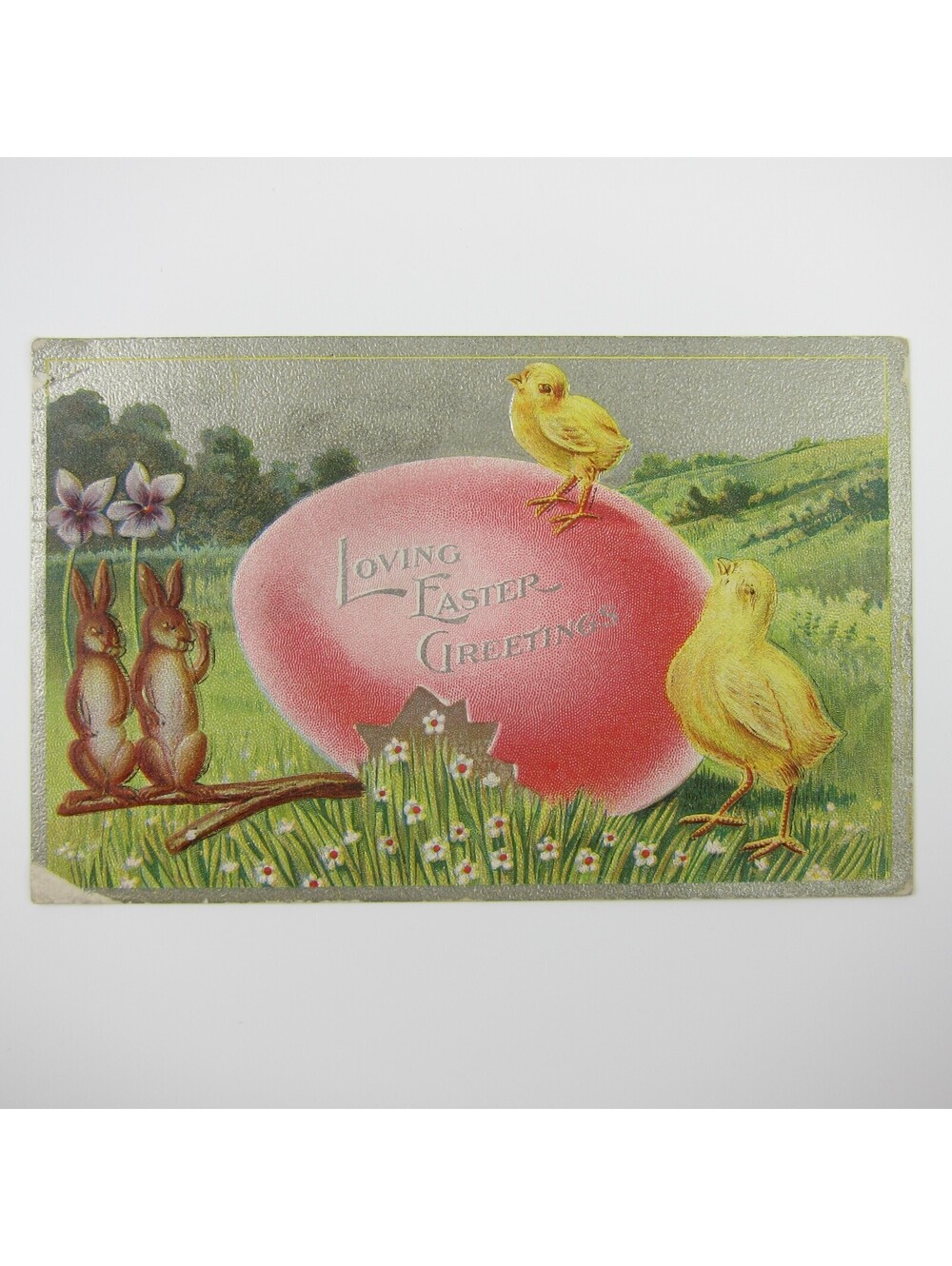 Easter Postcard Rabbits & Yellow Chicks Red Colored Egg Embossed Antique 1911